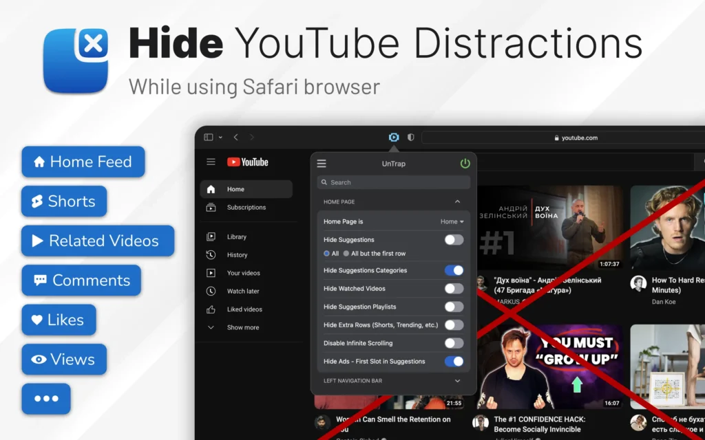 Mac version UnTrap for YouTube app, YouTube app enhancement, YouTube ad blocker, YouTube distraction remover, AI YouTube summaries, YouTube productivity [C]